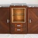 1950s Art Deco sideboard in veined wood, grey marble, and display cabinet.