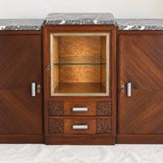 Art Deco buffet from the 1950s in veined wood, grey marble, and display cabinet.