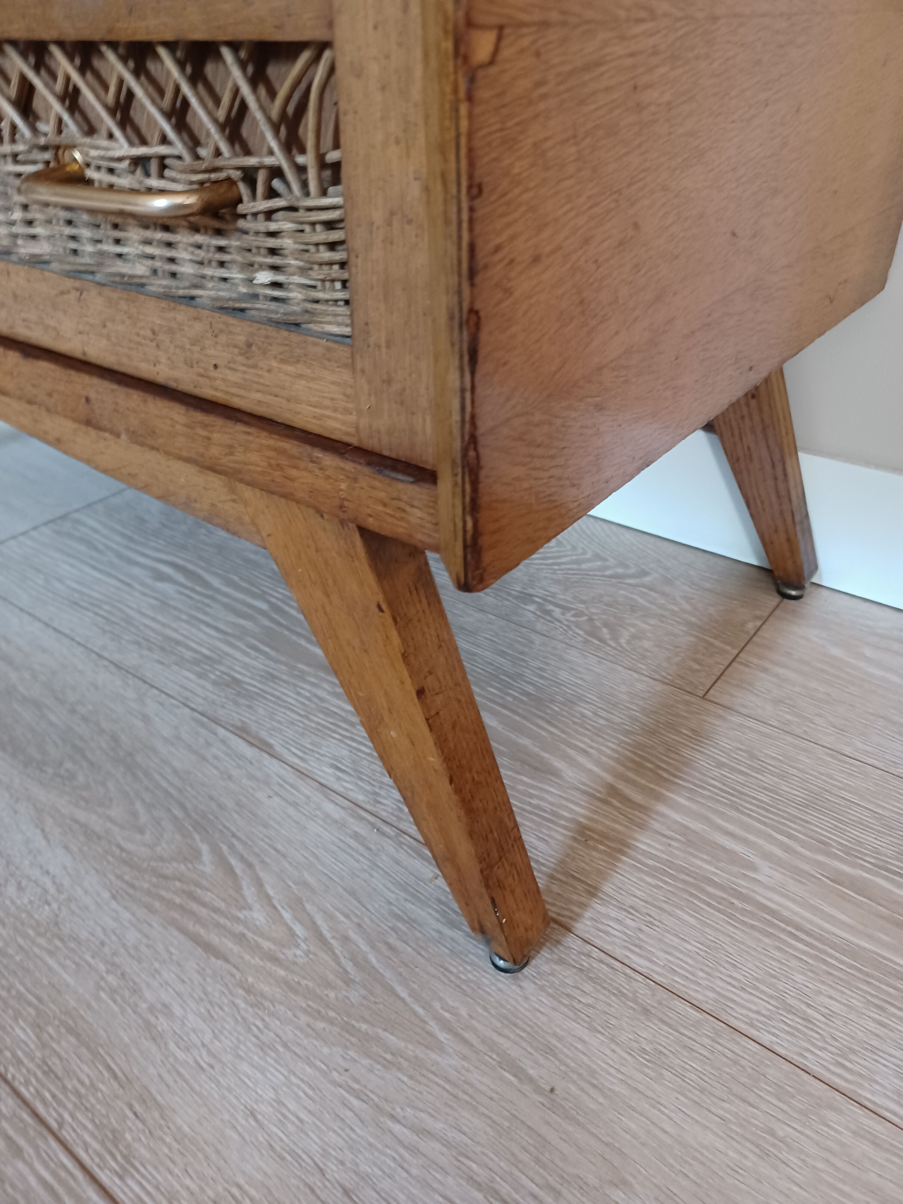 Commode bois et rotin vintage années 50