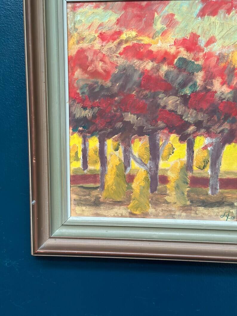 Huile sur panneau originale suédoise "Forêt", signée, vintage et encadrée.