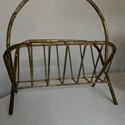 1960 magazine rack faux bamboo in beaten gold iron Italian craftsmanship