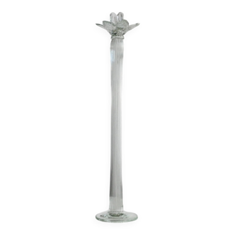 Large Vintage Murano Glass Candle Holder with Flower Head - Clear Ribbed Glass, 1930s Italy