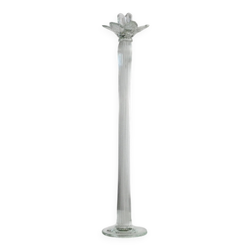 Grand porte-bougie vintage en verre de Murano avec tête de fleur - Verre transparent strié, Italie des années 1930