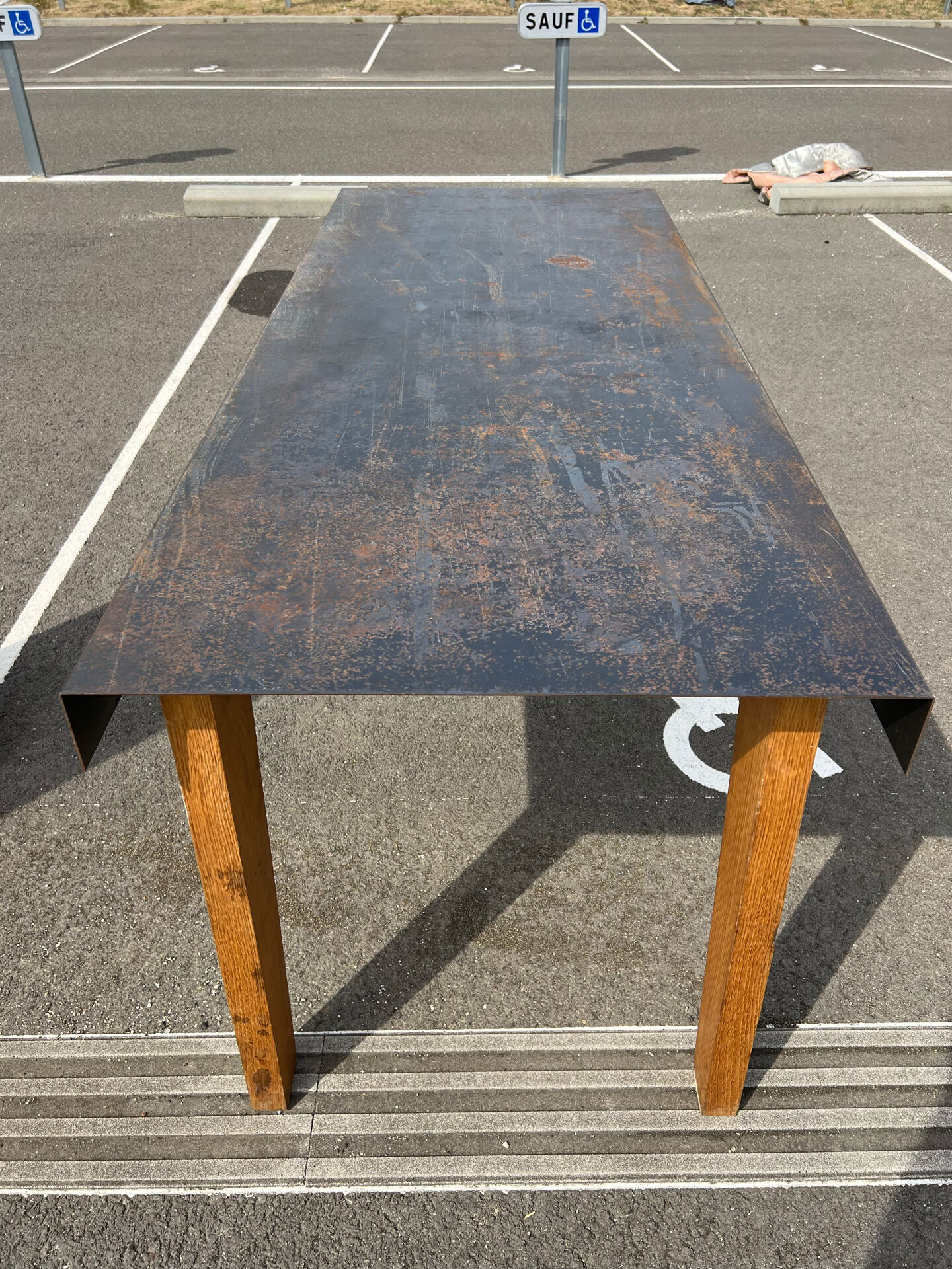 Grande table industrielle années 50 acier et bois 200cm