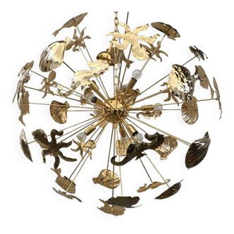 Mid-Century Sputnik Chandelier with Brass and Gold Metal Frame