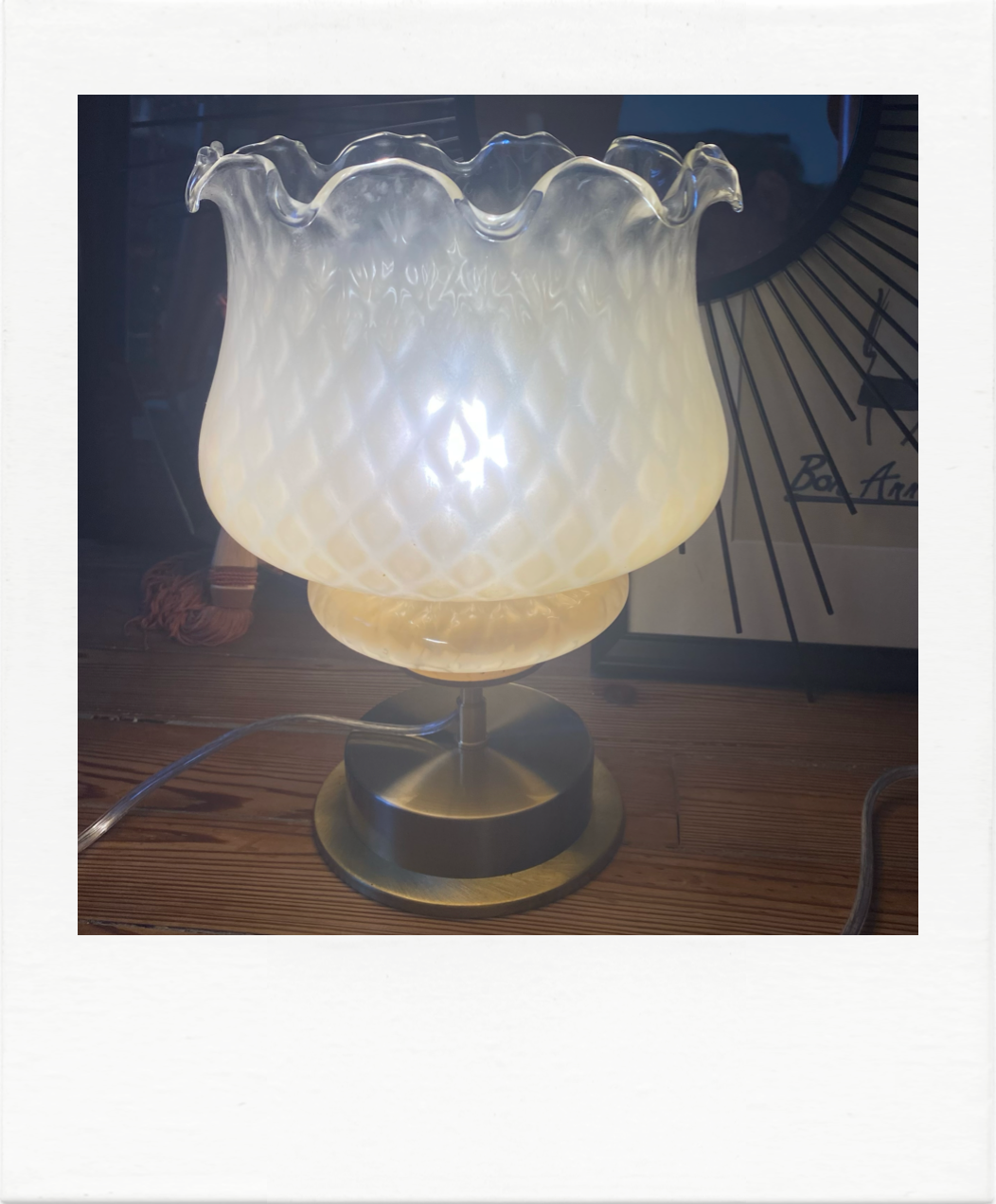 Brass table lamp and quilted glass