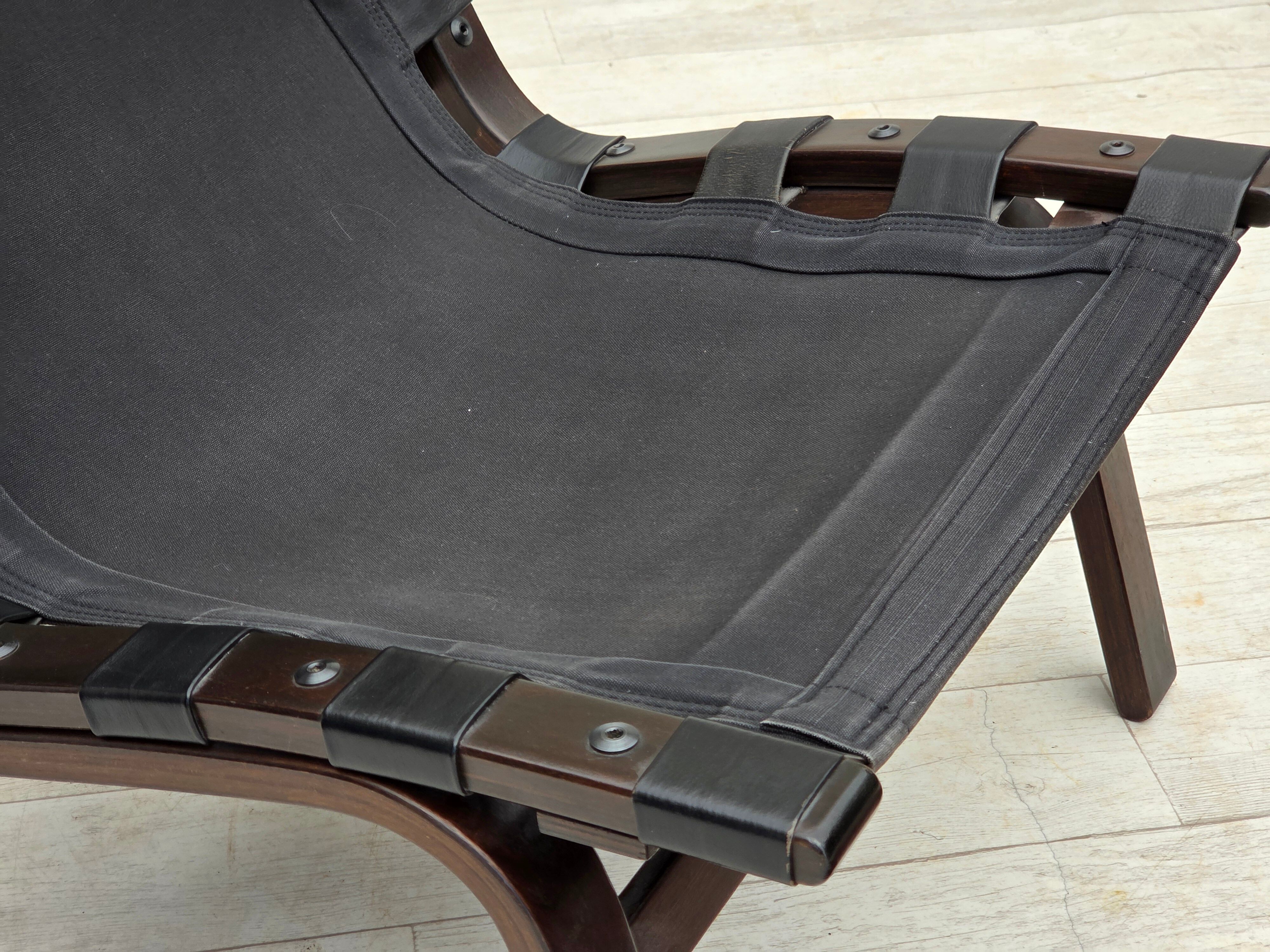 1970s, Danish loungechair by Farstrup, leather, canvas, bent wood.