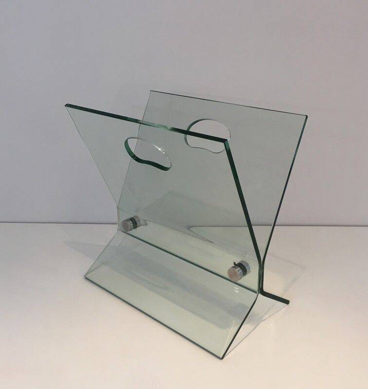 Designer magazine rack in glass and brushed steel