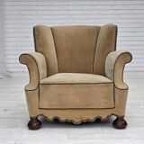 1950s, Danish relax chair, furniture velour with patina, oak wood legs.