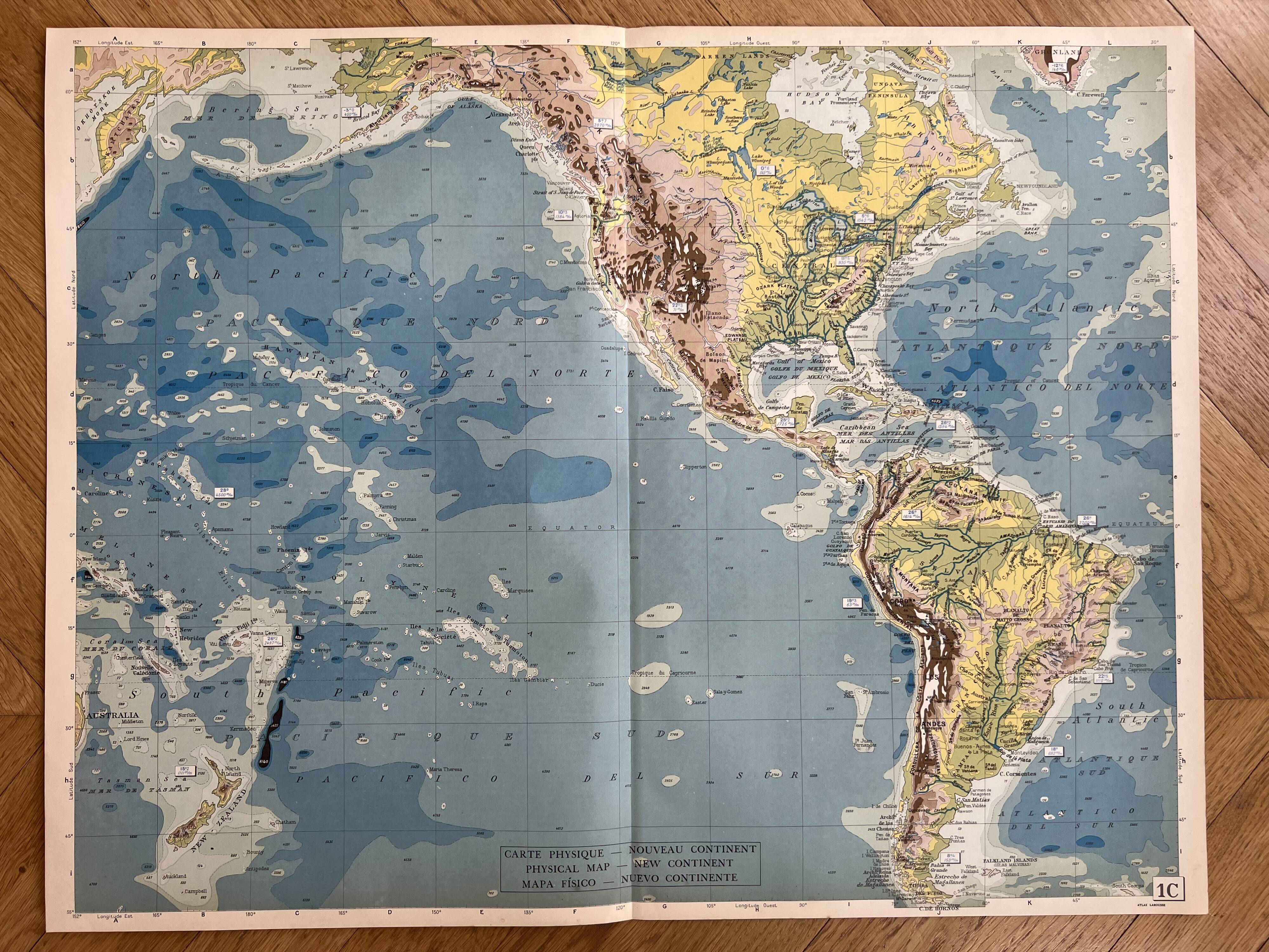Old physical map of the New World — Pacific Ocean, Americas