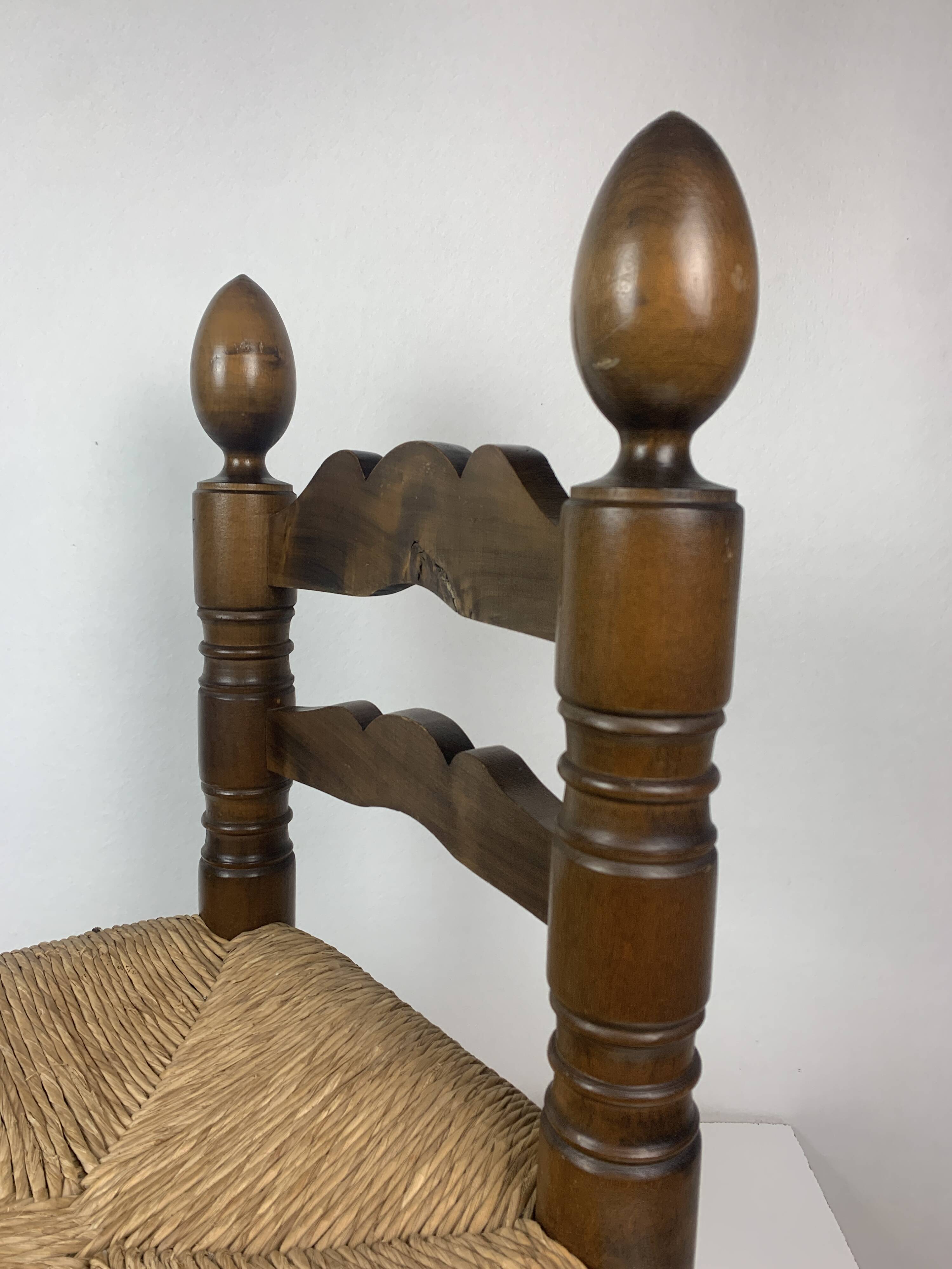 Wood Turned Bobbin Low Rush Chair in the manner of Charles Dudouyt, France, 1950s