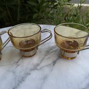 Set of 4 vintage amber glass and chrome metal cups – 1970s