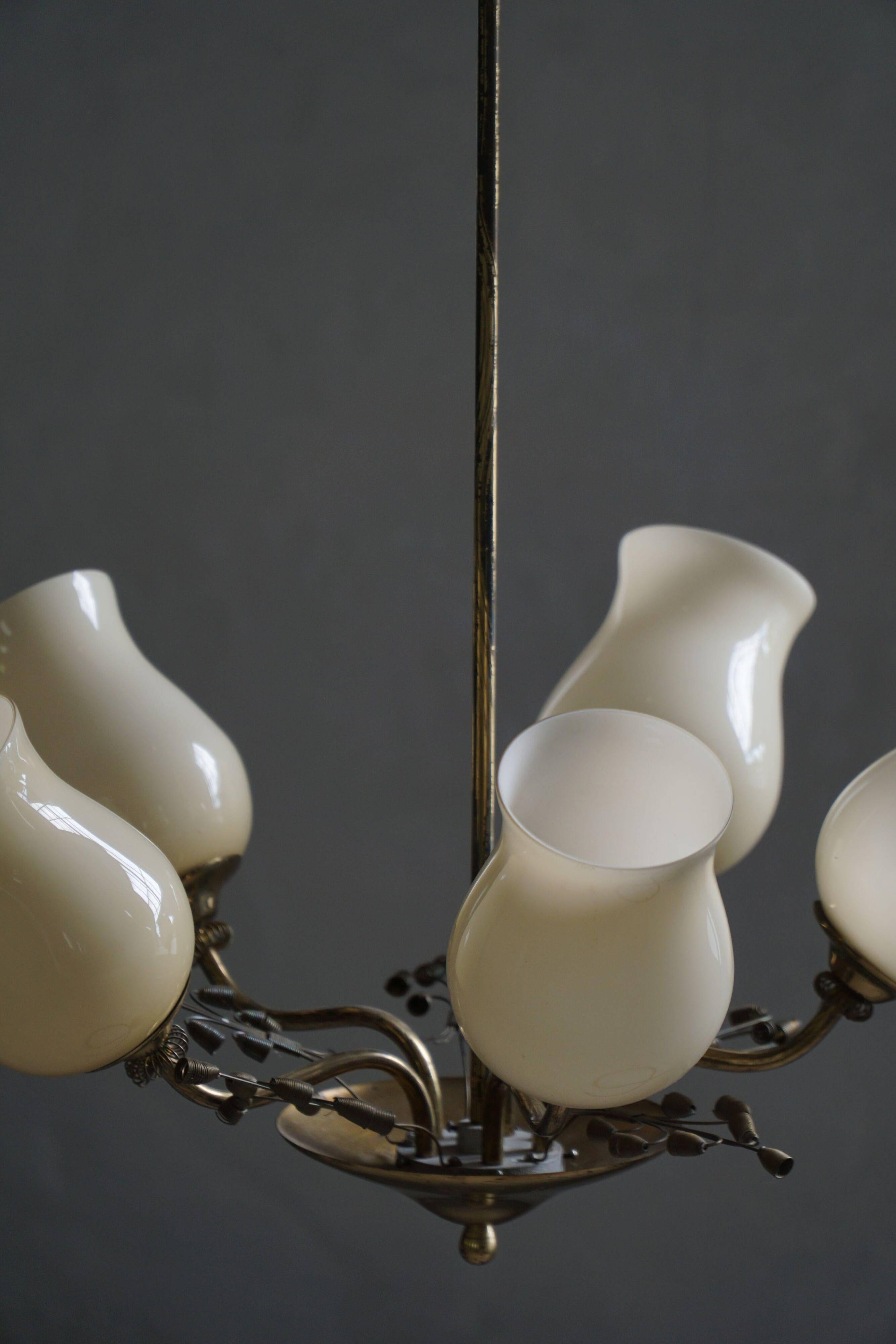 Brass and glass chandelier, Lisa Johansson-Pape for Stockmann, Finland, 1940s.