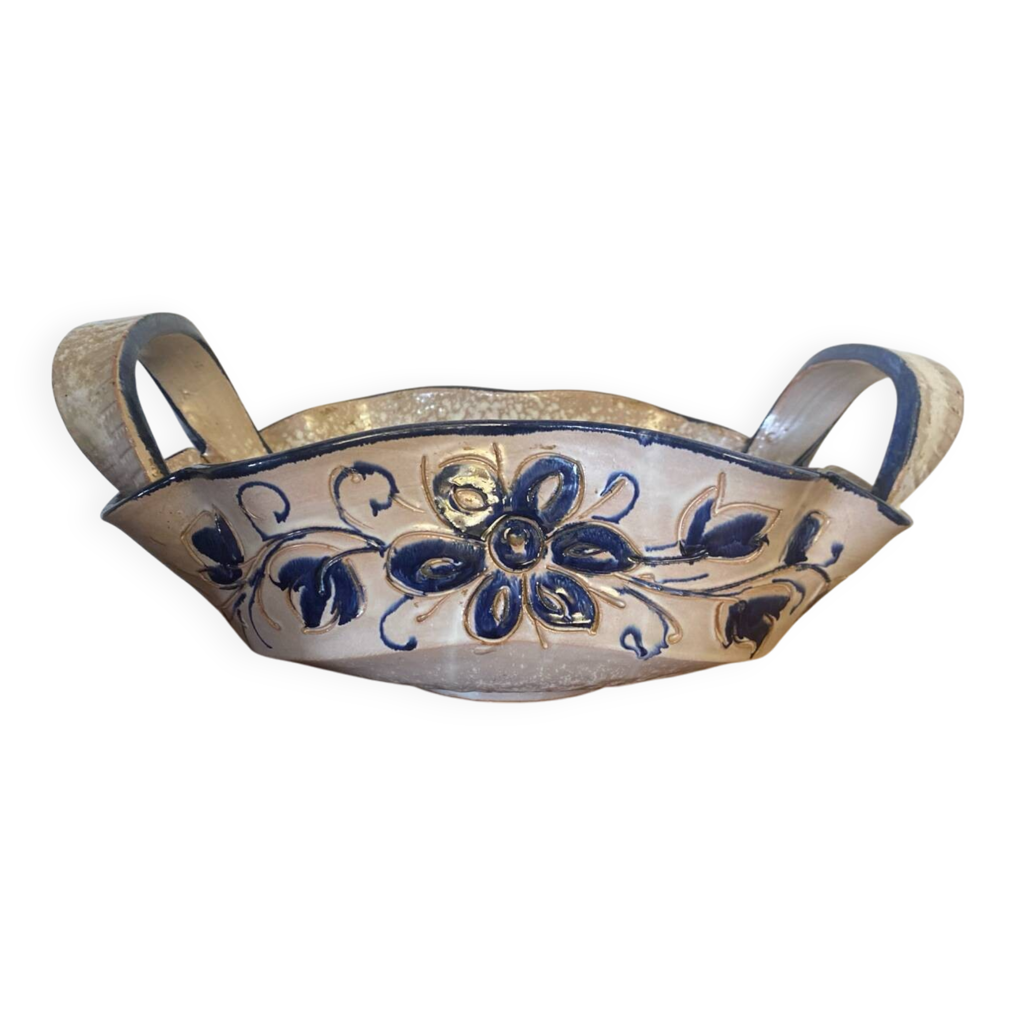 Vintage Ceramic Salad Bowl with Blue Floral Decor, Made in Italy
