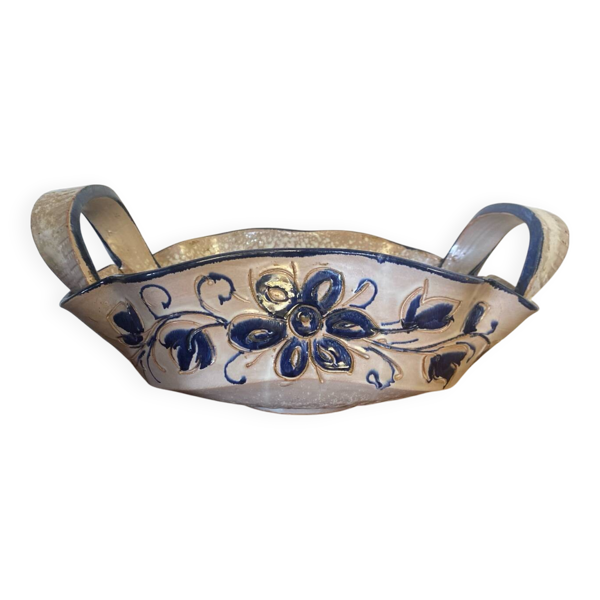 Coupe Saladier Ancien Céramique Décor Fleurs Bleu Made In Italy Vintag