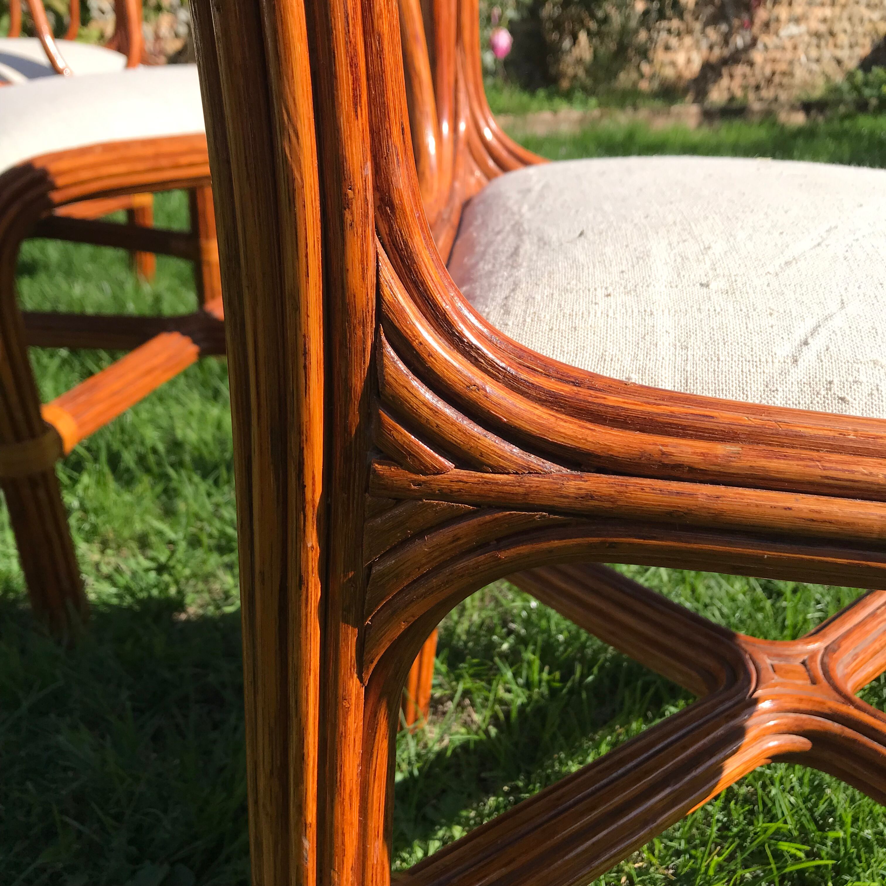 4 vintage rattan chairs seated linen and unbleached hemp