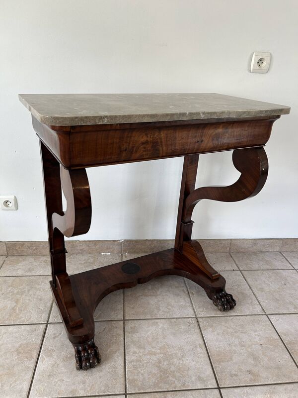 Console d'époque Louis-Philippe, placage d'acajou et marbre