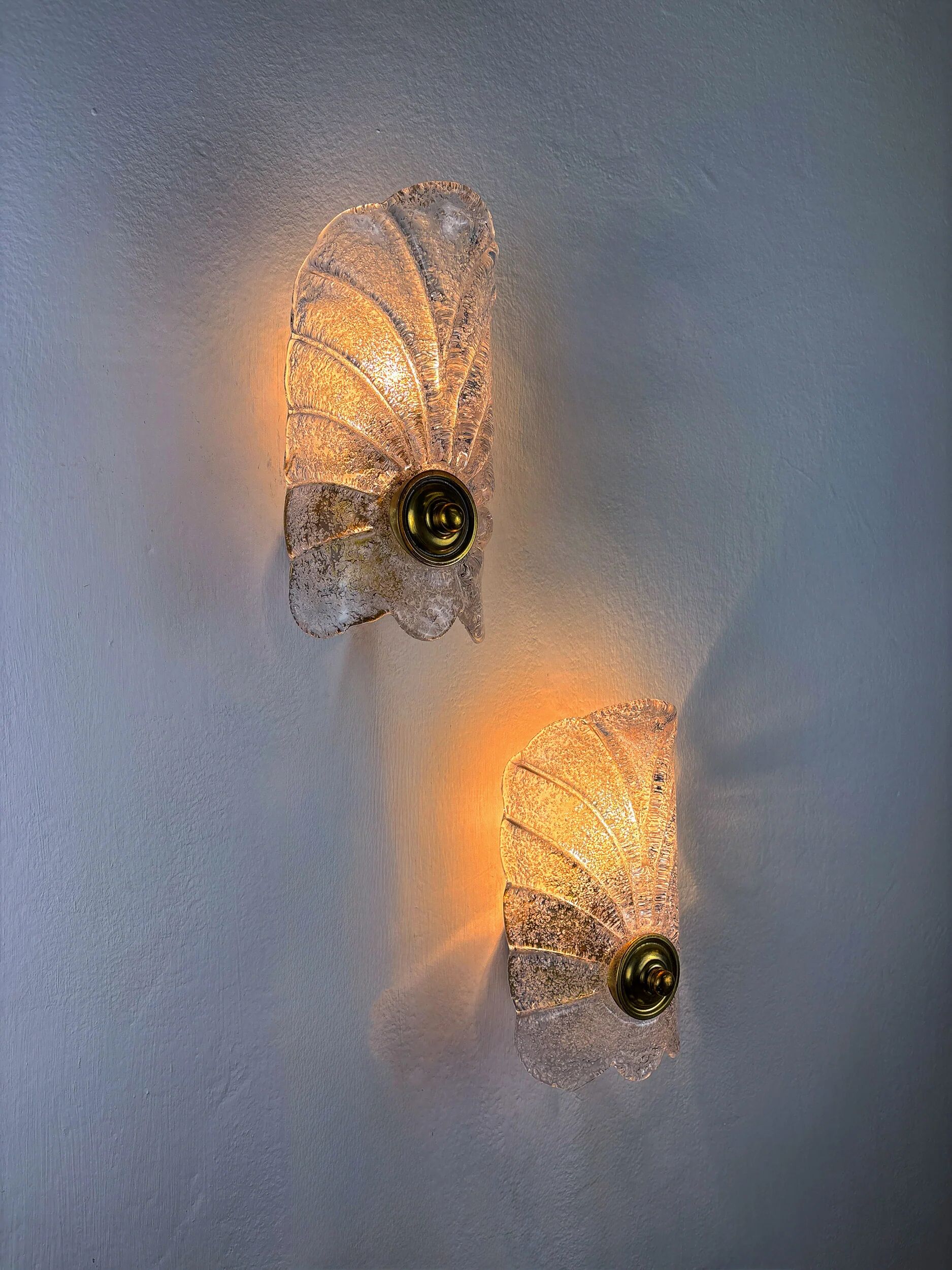 Pair of Murano frosted leaf sconces, textured glass & gilt details, Italy 1970s