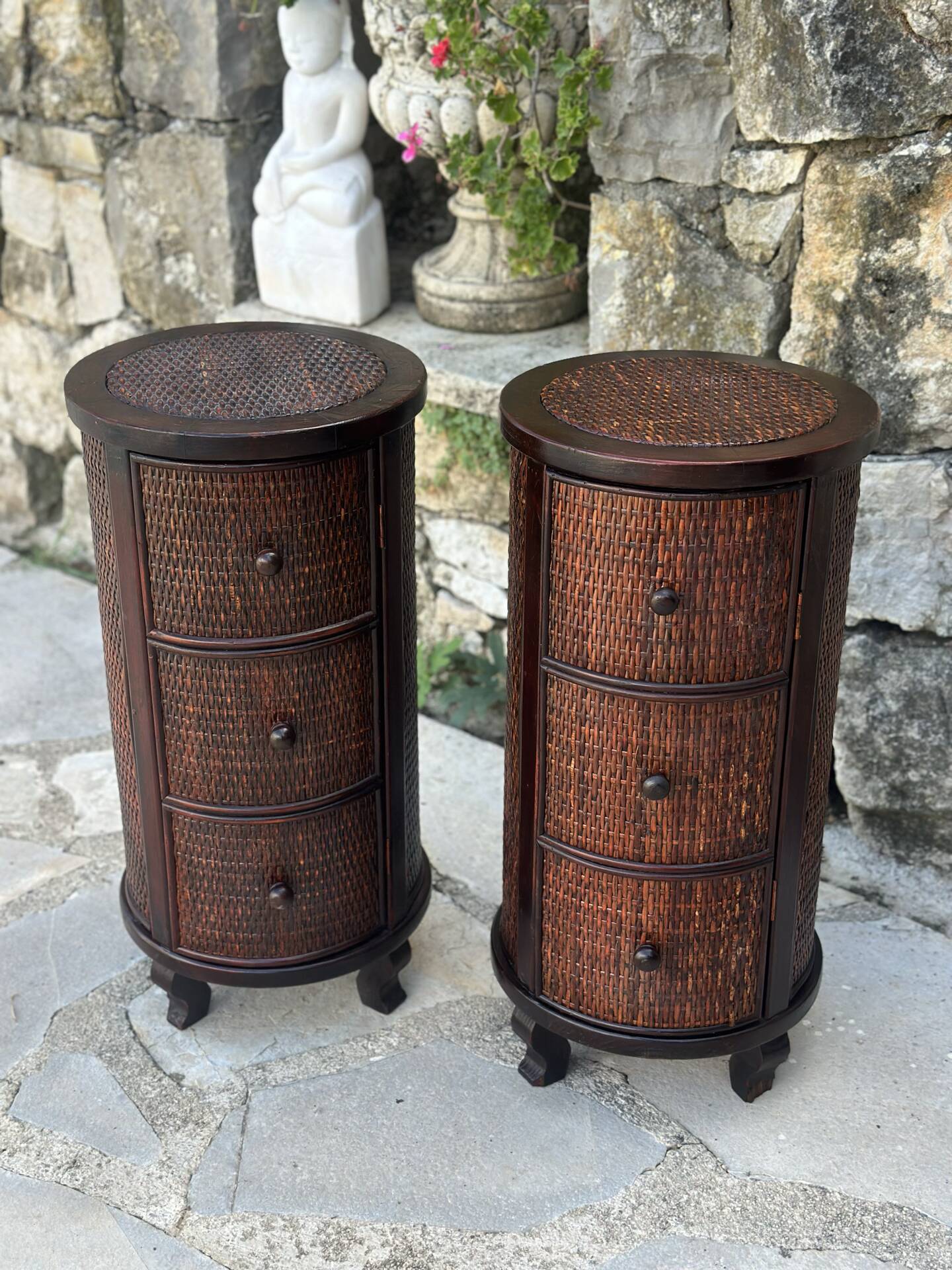 Pair of cylindrical bedside tables or drum bedside tables in exotic wood.