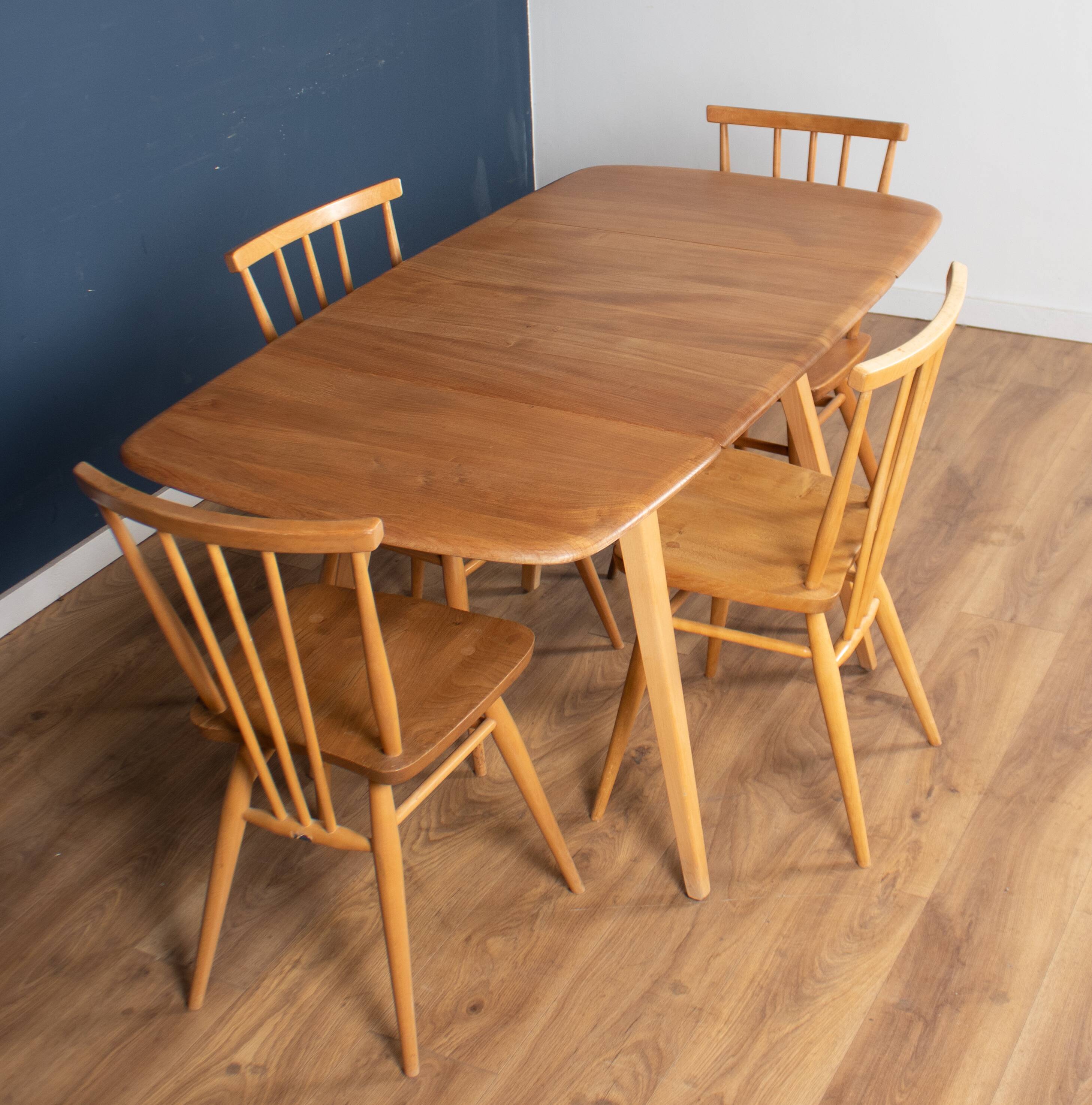 Retro Blonde Ercol Model 383 Dining Table & Four Stick Back Kitchen Dining Chairs