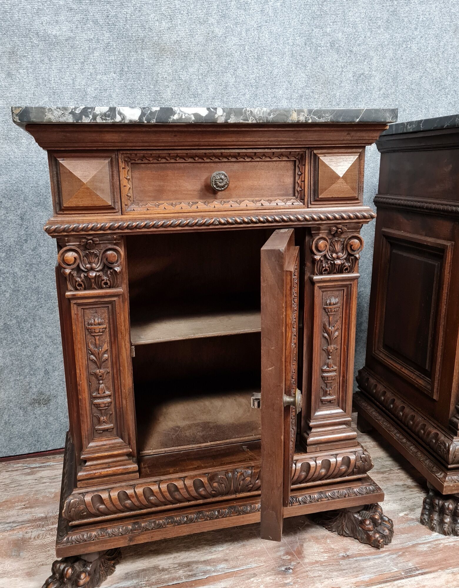 Pair of ceremonial furniture or Renaissance walnut bedside tables around 1850