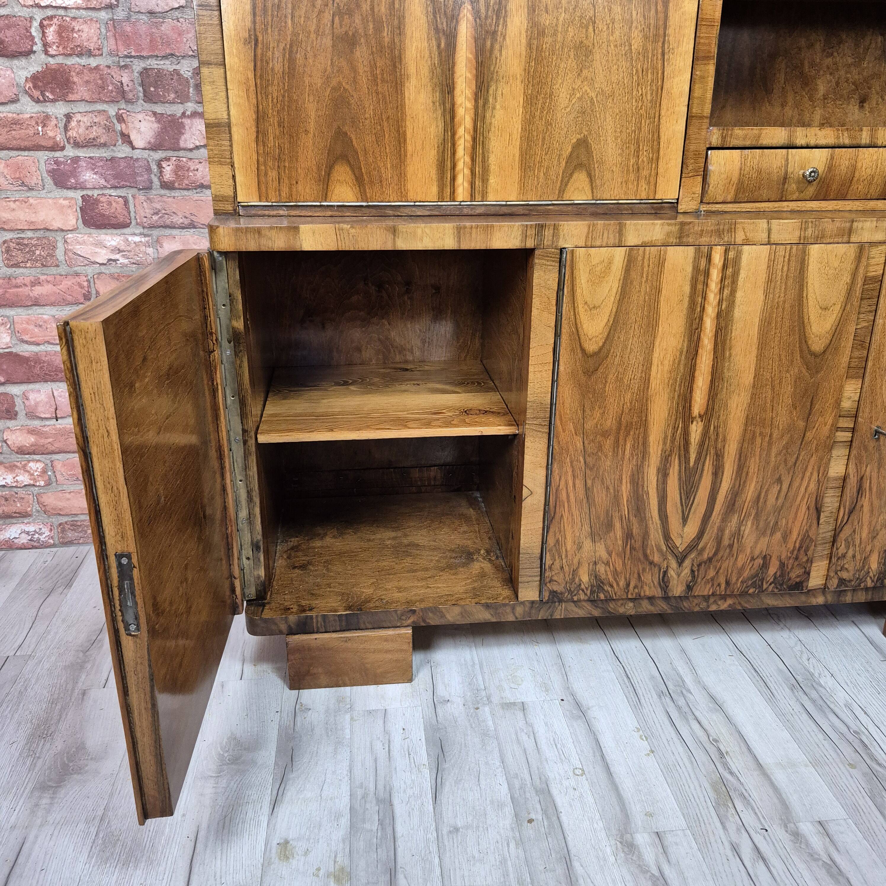 Restored Mid-Century Flame Walnut Highboard with Bar Cabinet - 1960s