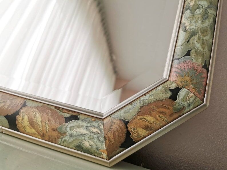 Vintage floral mirror in wood and cut glass, 80s