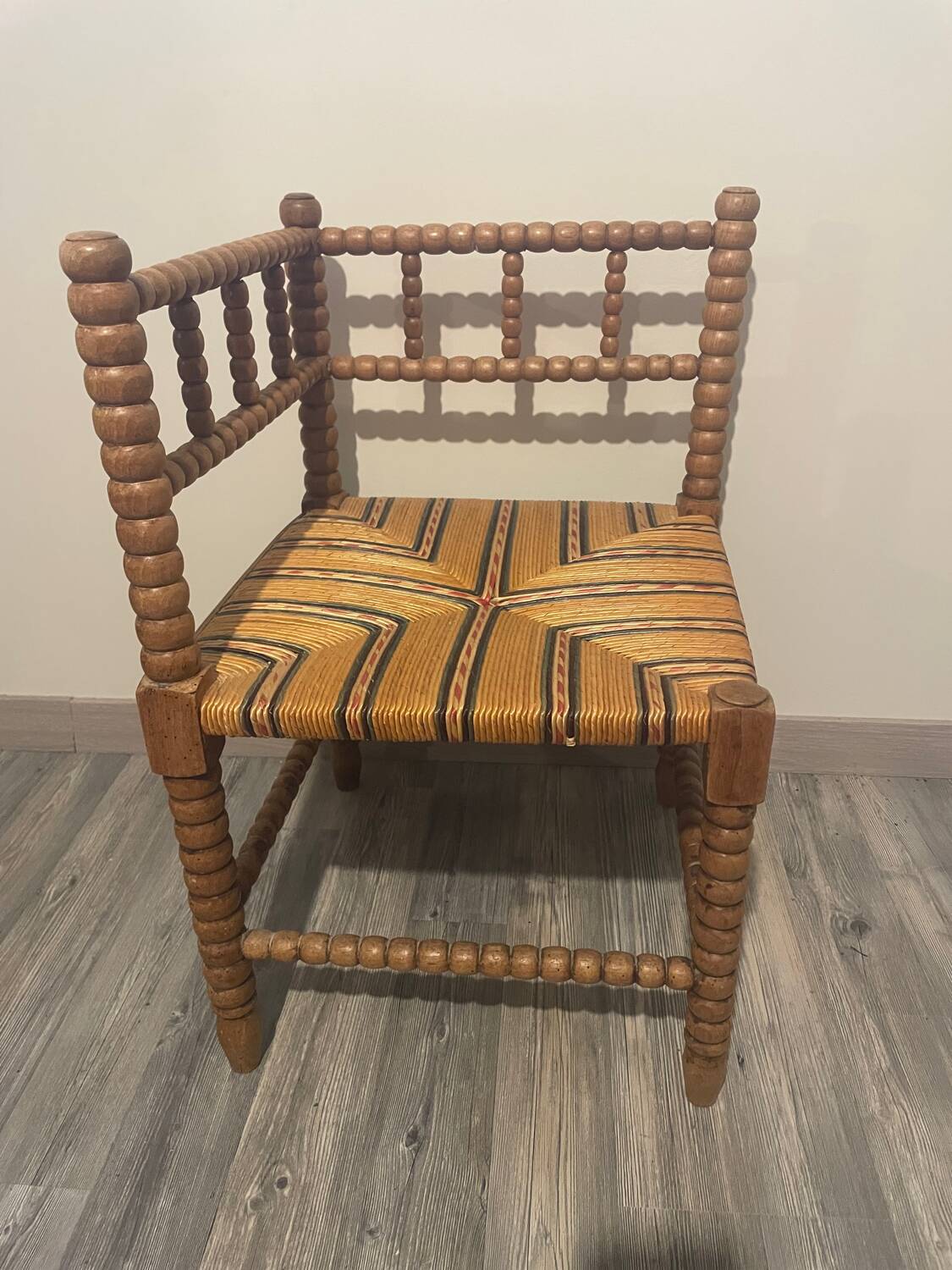 Vintage Art Deco Bobbin Wood and Straw Corner Chair, 1930s
