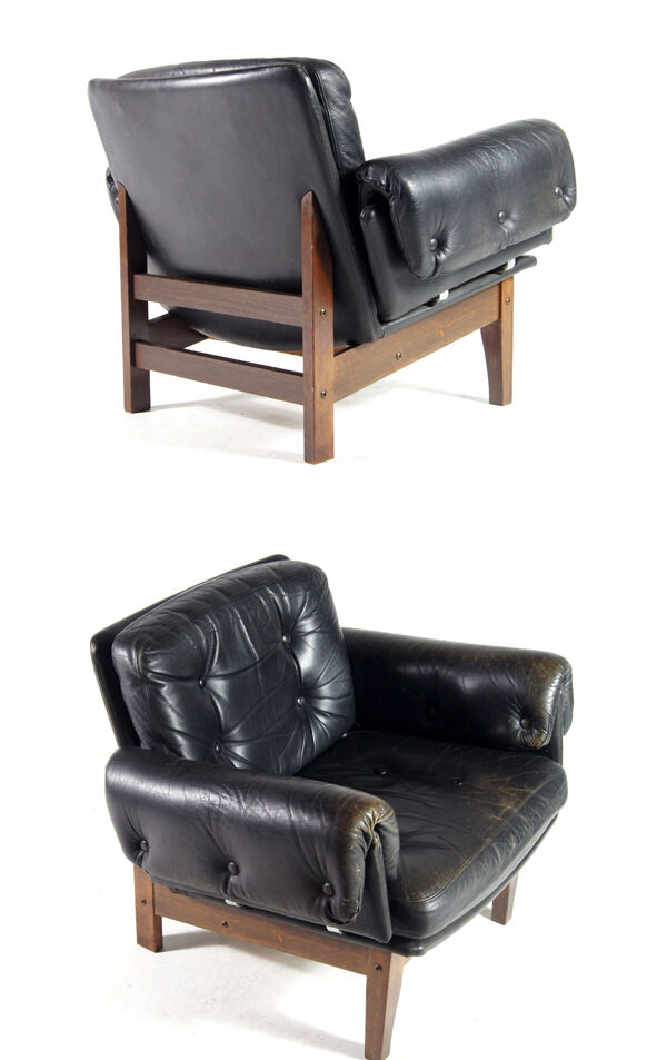 Danish teak & black leather armchair 50s