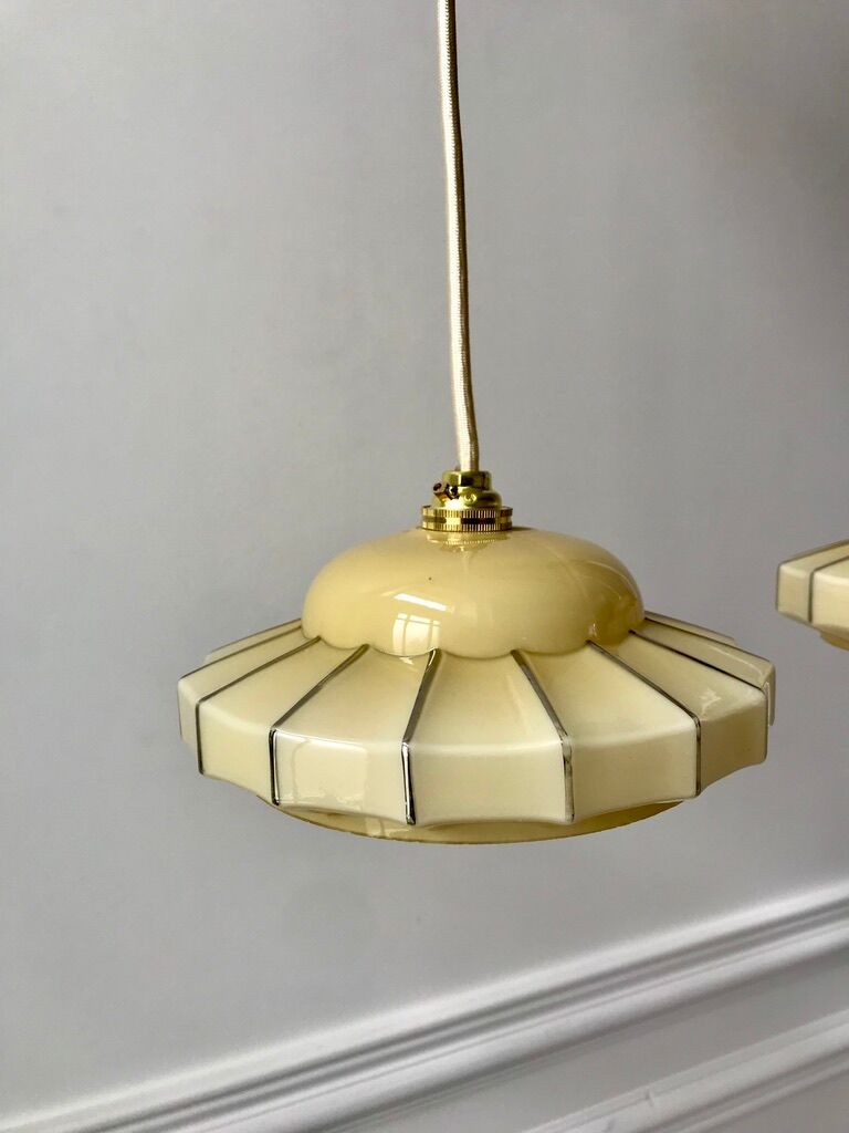 Pair of suspensions in opaline glass cream and silver border art deco 30s