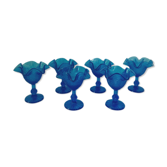 Set of 6 cups in molded blue glass