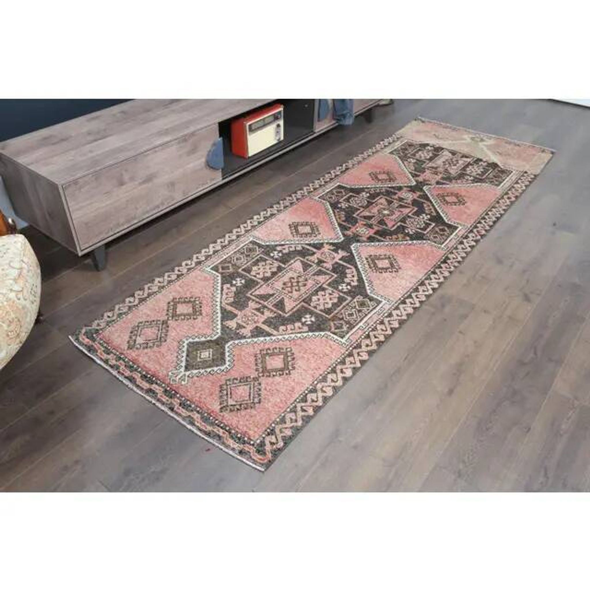 1970s Turkish Oushak Handmade Wool Cotton Pink Runner Rug  98x293