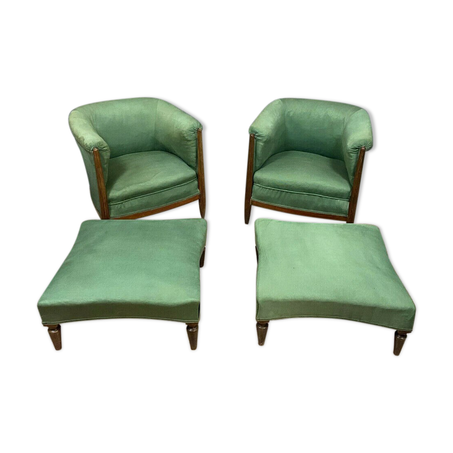 Pair of art nouveau period armchairs in natural wood with footrests