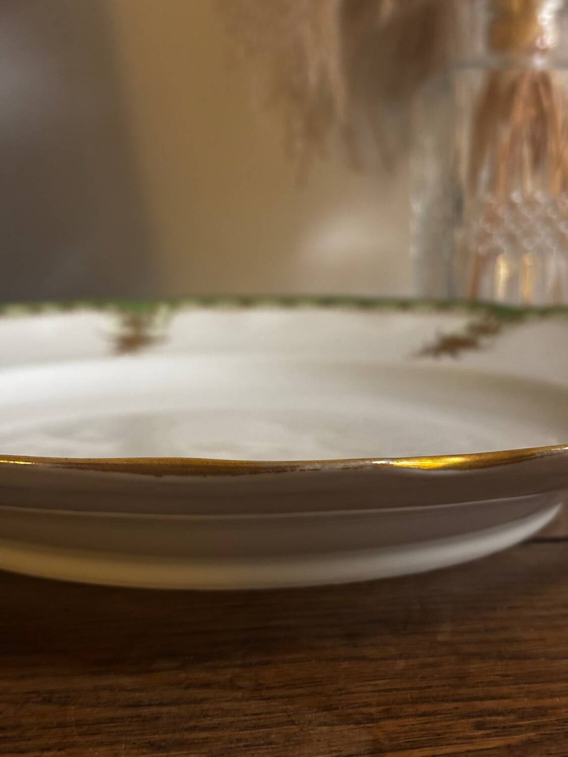 Vintage large round green porcelain serving platter with gold trim from Lim