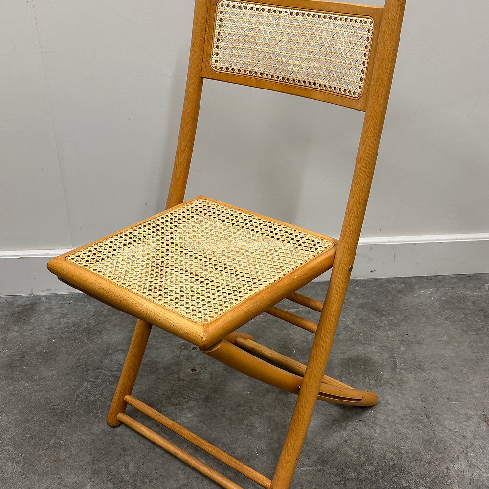 Rare set of four Belgian folding chairs in solid wood and hand-woven cane, mid-century