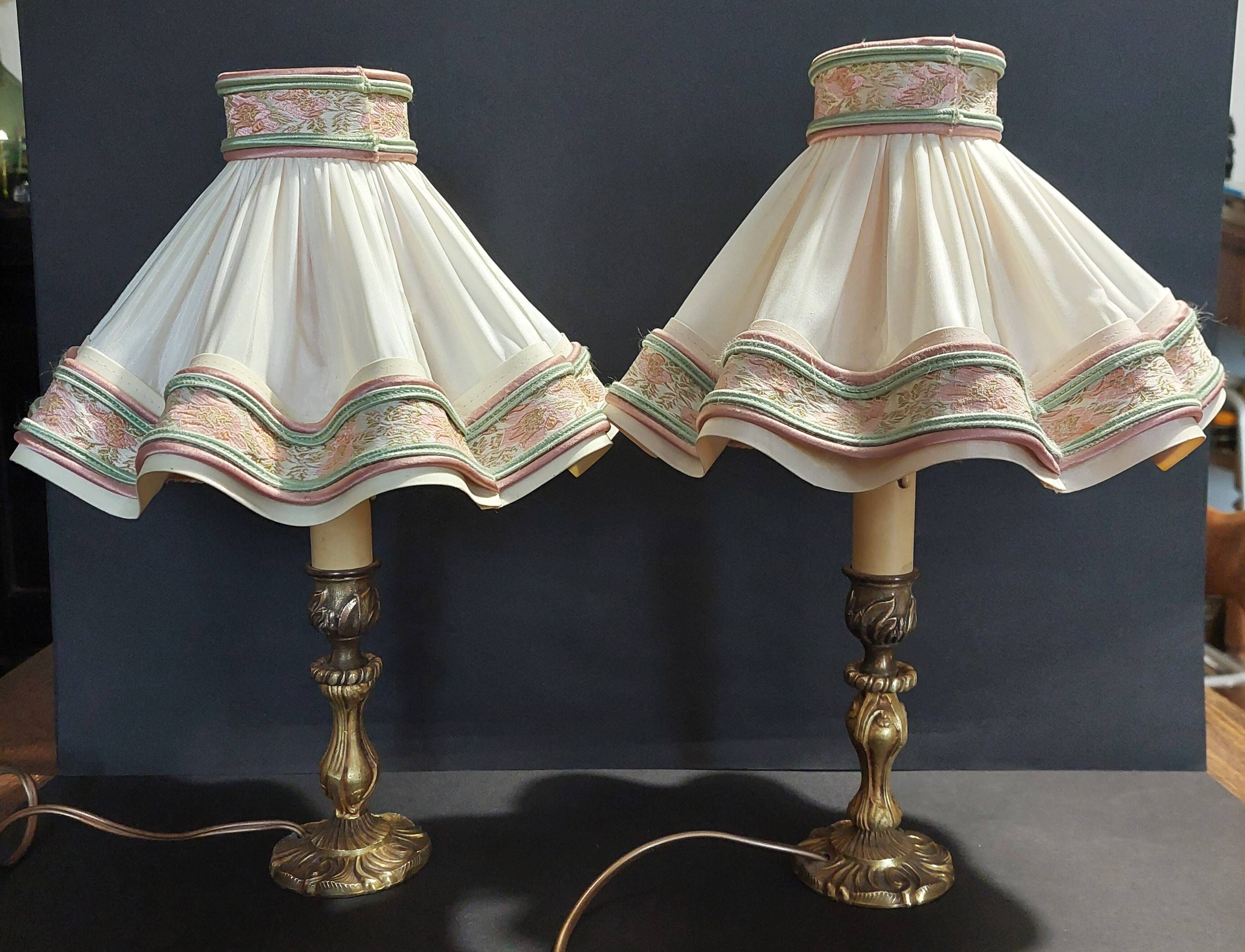 Pair of vintage bedside lamps with brass petticoat shades, 20th century