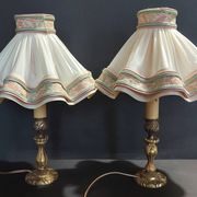 Pair of vintage bedside lamps with brass petticoat shades, 20th century