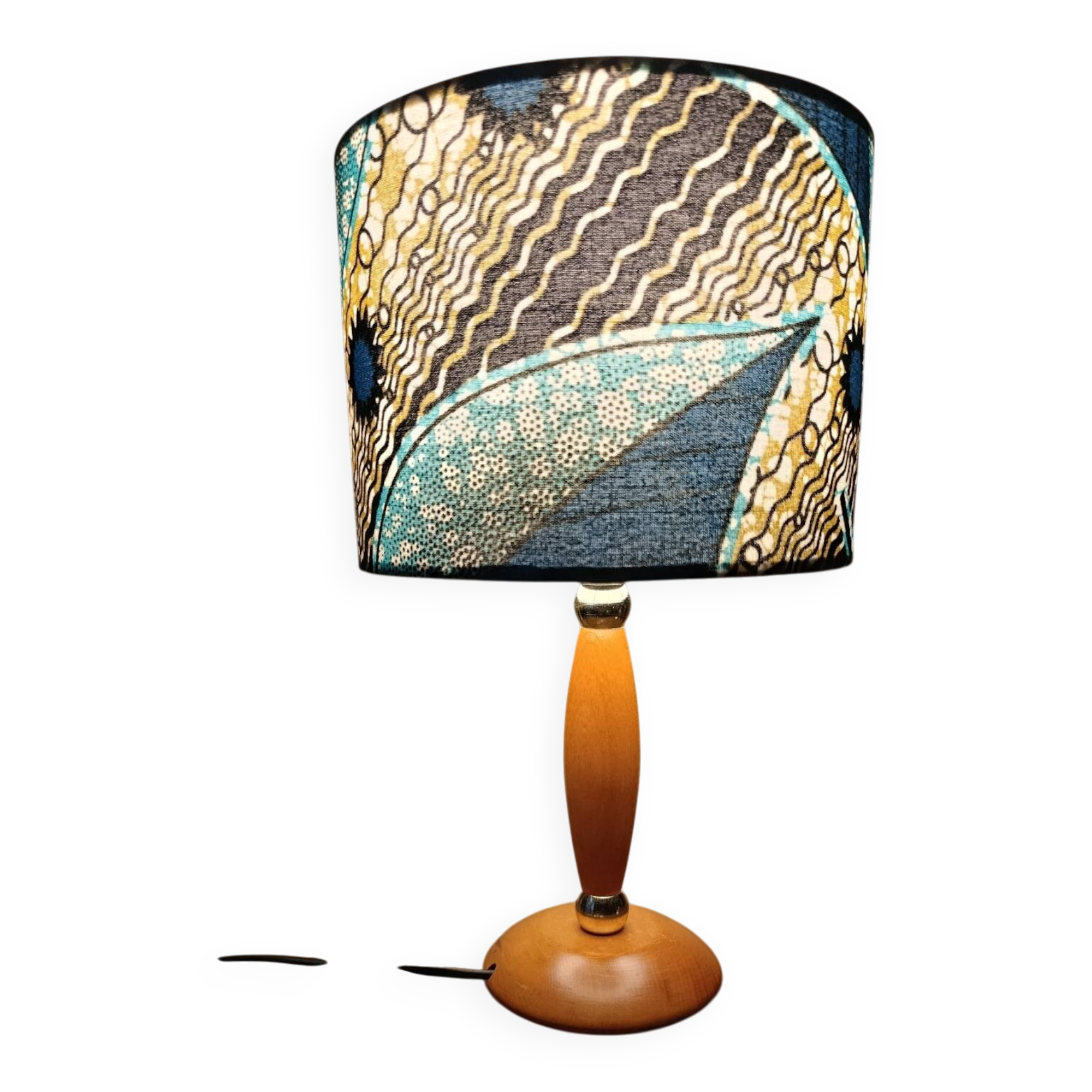 Mid-century wooden table lamp, blue wax lampshade.