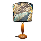 Lampe à poser bois mid-century, abat-jour wax bleu