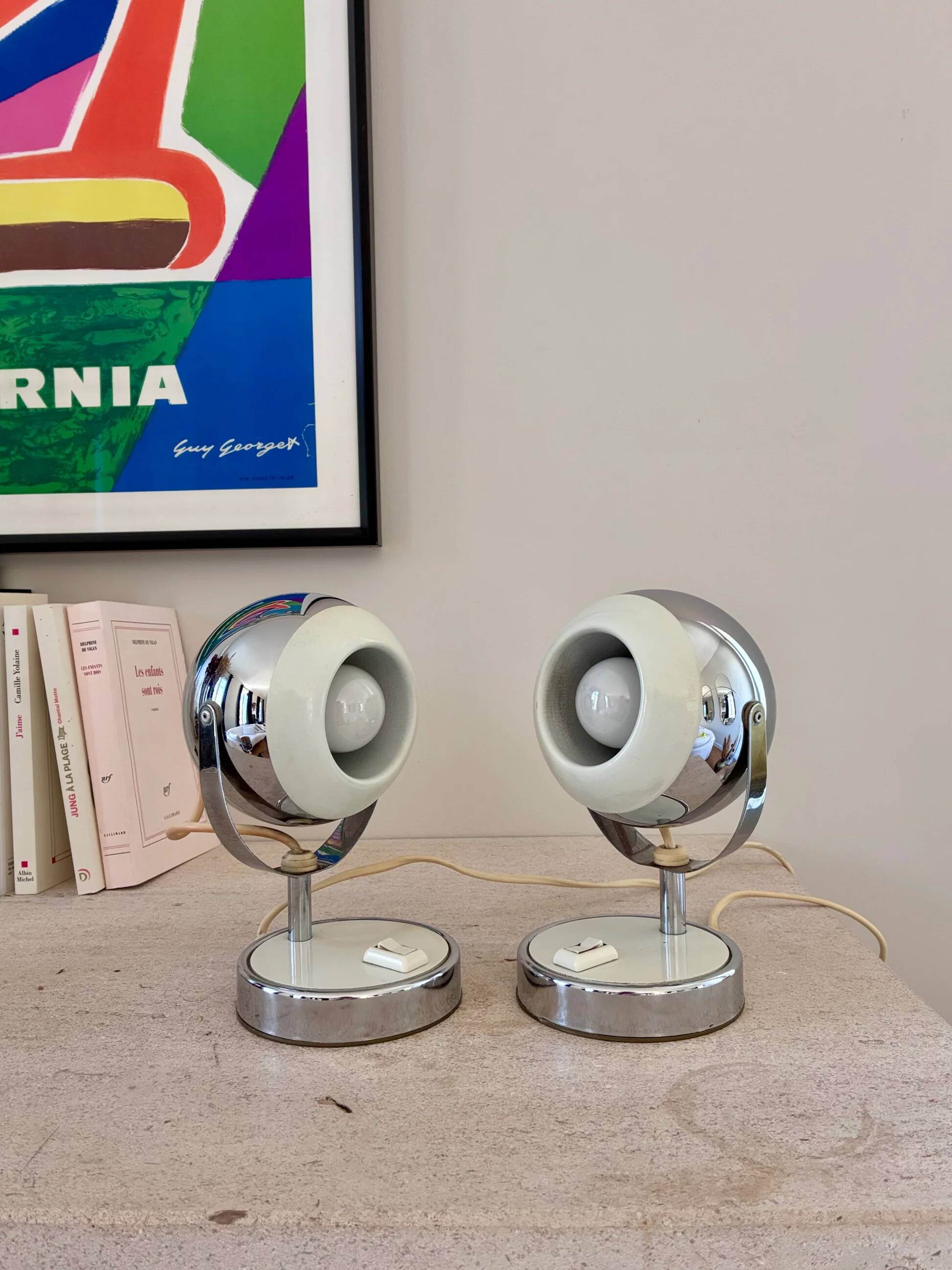 Pair of "Eye-ball" lamps in chrome metal - 1970.