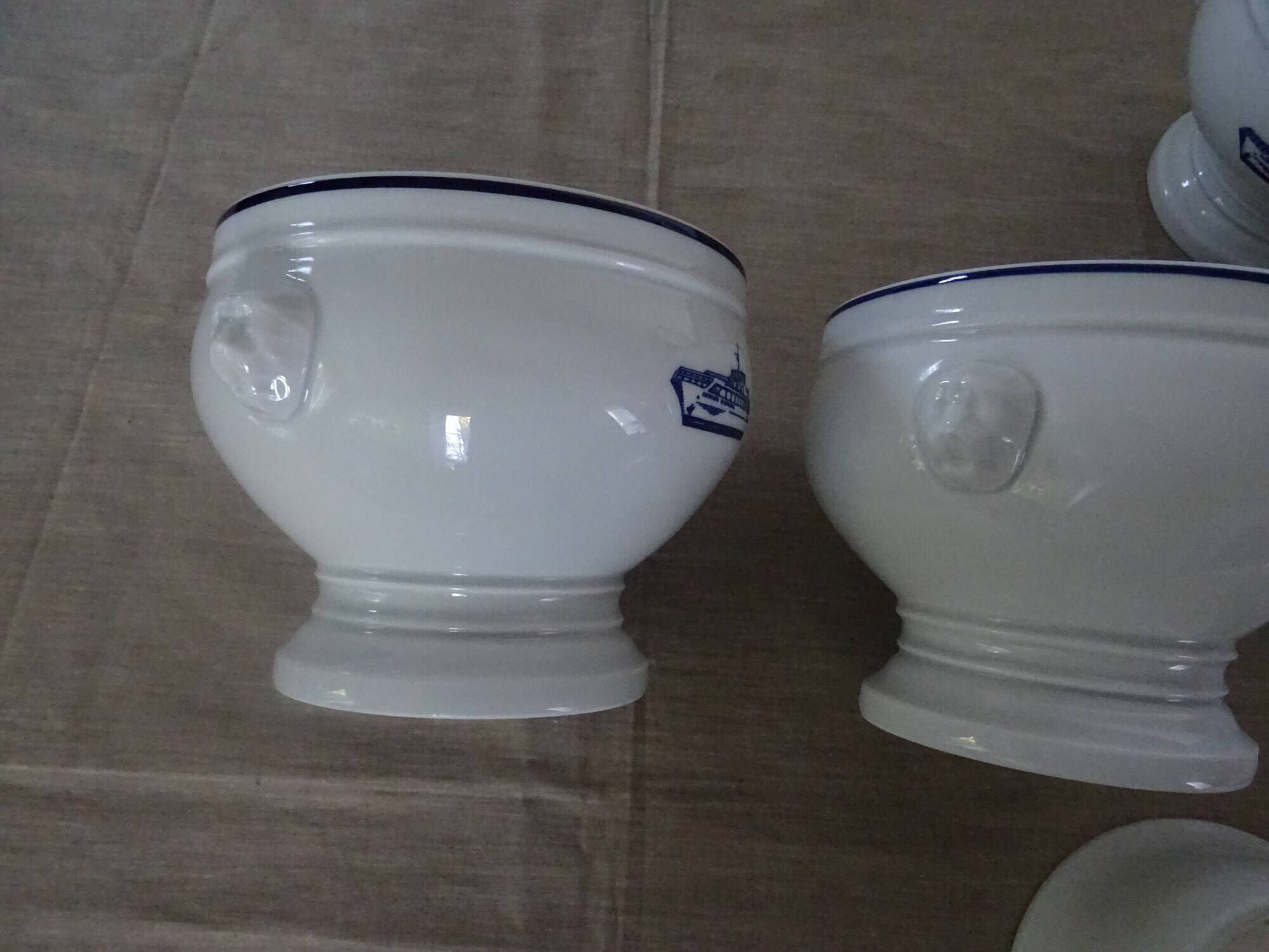 4 Large bowls salad bowls + 2 cups PILLIVUYT blue decoration boat G. CAOUDAL