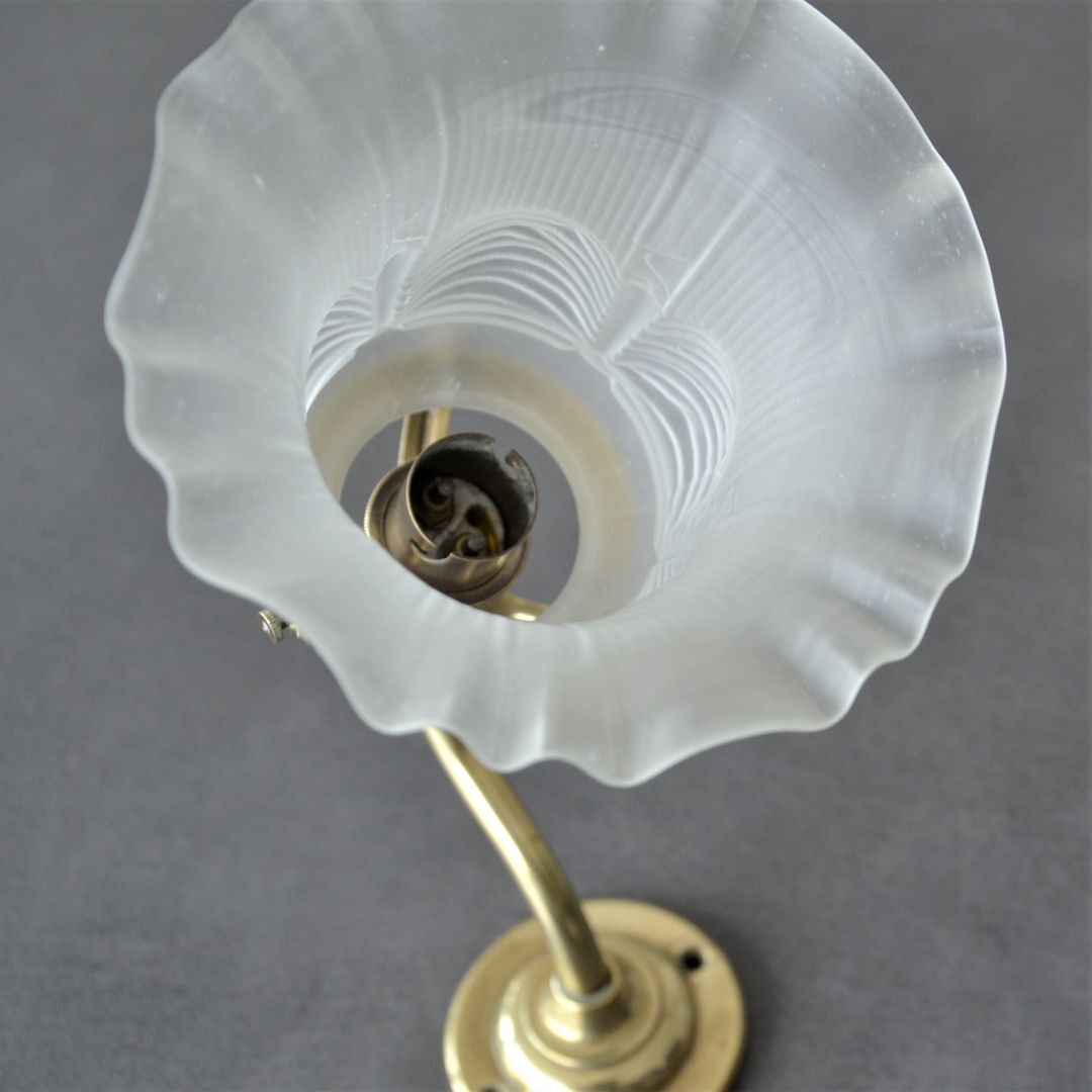 Brass gooseneck wall lamp and tulip lampshade