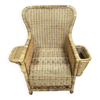 Fauteuil Vintage a oreilles en rotin vers 1960-1970