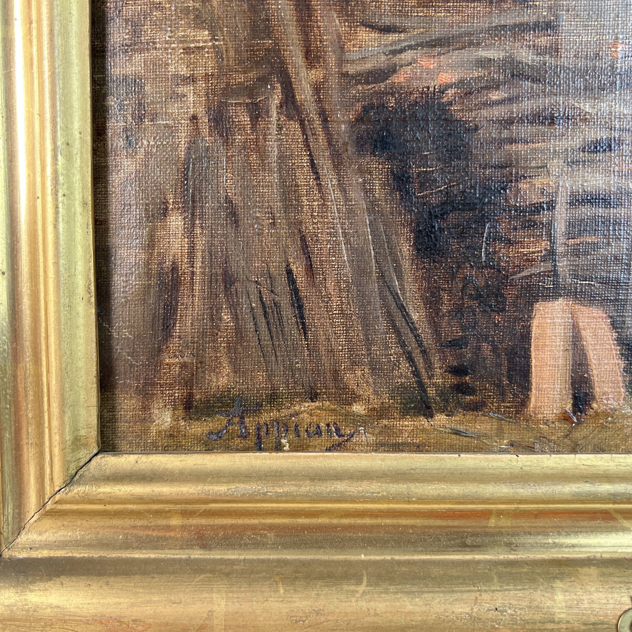 Oil painting on canvas by Adolphe Appian, farm courtyard, Lyon school, 19th century.