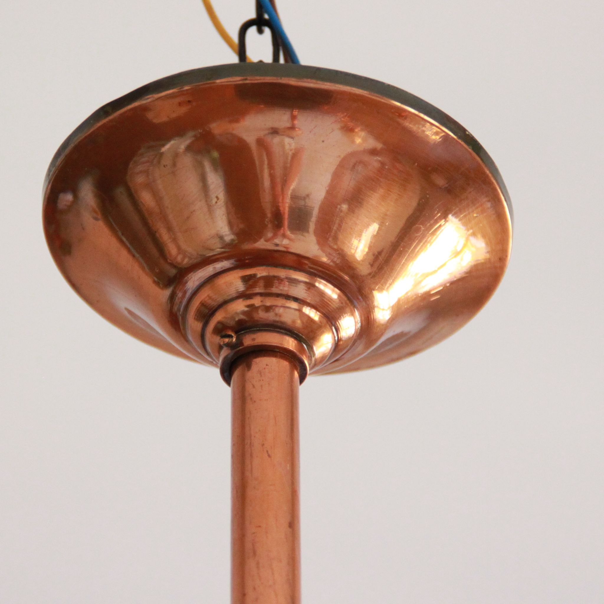 Chandelier copper tulip golden glass and white patterns 6 lights old vintage luminaire restored