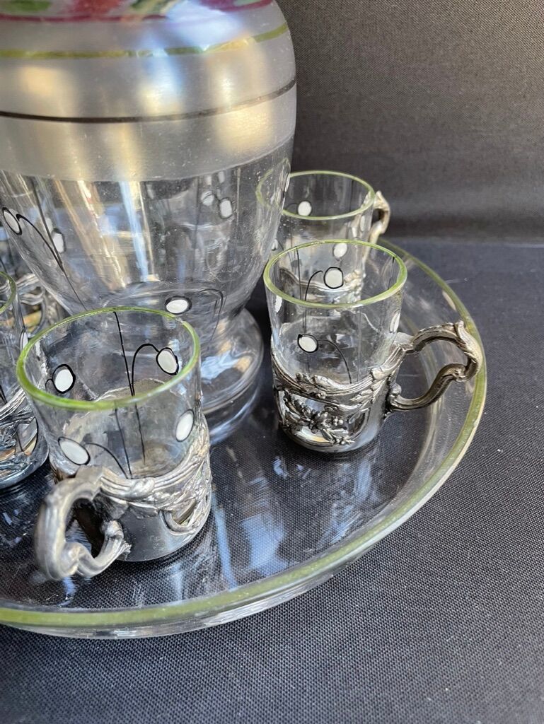 Liquor service Art Nouveau 1/2 Enamelled colored crystal with silver metal frame