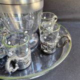 Liquor service Art Nouveau 1/2 Enamelled colored crystal with silver metal frame