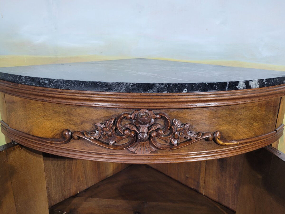Small corner cabinet with marble, corner sideboard.