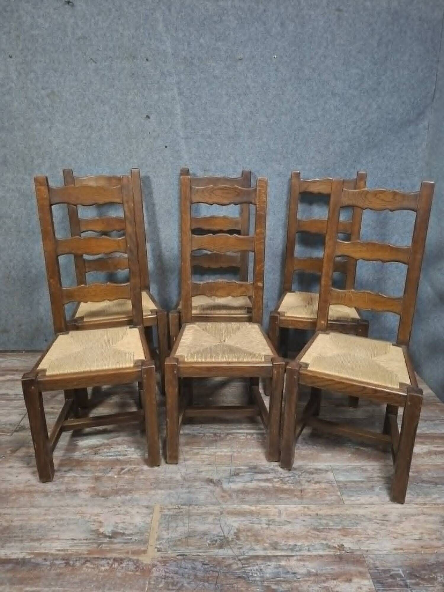 Set of six rustic chairs in natural wood, regional French craftsmanship.
