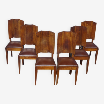 chairs in solid walnut, imitation leather, set of 6